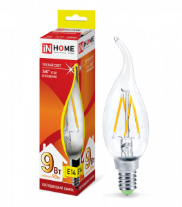 Лампа светодиодная LED-СВЕЧА НА ВЕТРУ-deco 9Вт 230В Е14 3000К 1040Лм прозрачная IN HOME