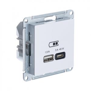 Розетка USB А+С (А7,5Вт+С45Вт) С/У поддерживает современные протоколы быстрой зарядки QC, PD Белый AtlasDesign