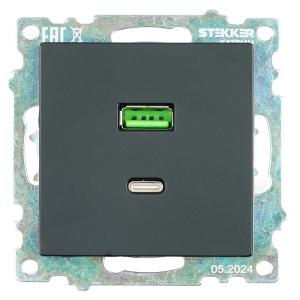 Розетка USB 2-м + type C 250B 3А max 20W С/У Черный Катрин