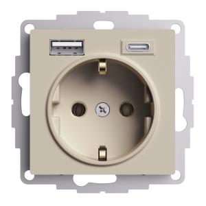 Розетка 1-м 16А С/У З/К со шторками+USB A+С 5В 3А Песочный AtlasDesign