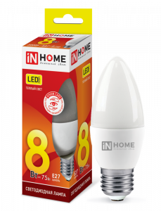 Лампа светодиодная LED-СВЕЧА-VC 8Вт 230В Е27 3000К 760Лм IN HOME
